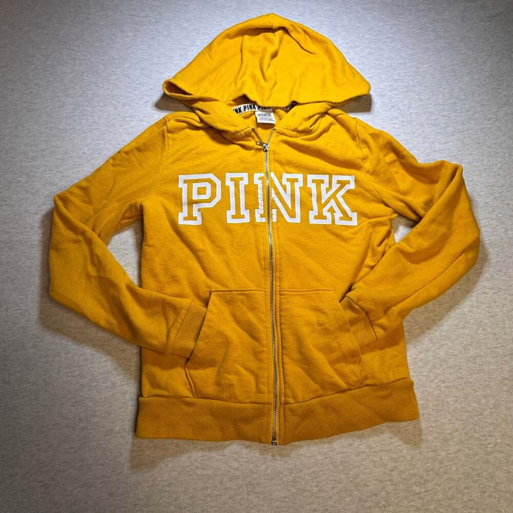 Victoria's Secret PINK Yellow Full Zip Hoodie Sweatshirt White Logo Size XS